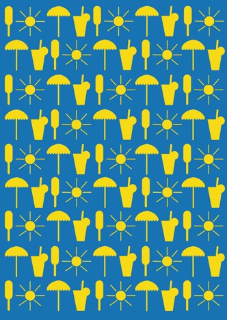 A0283 - Gelbe Siluetten von Glace, Sonne, Sonnenschirm und Cocktail vor blauem Hintergrund
